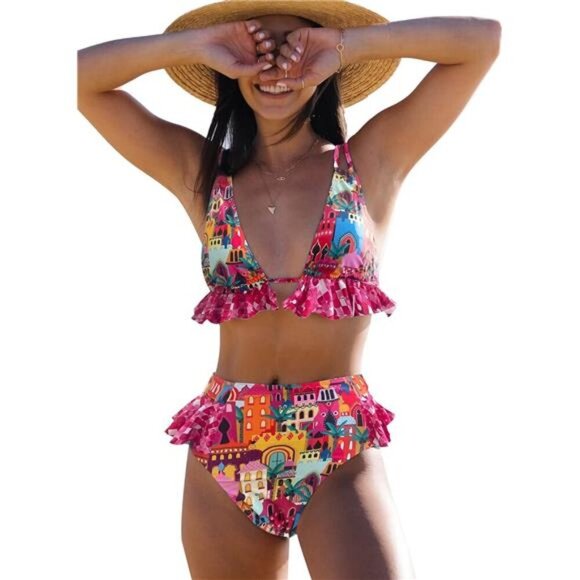 Women High Waisted Ruffle V Neck Bikini Two Piece Swimsuit